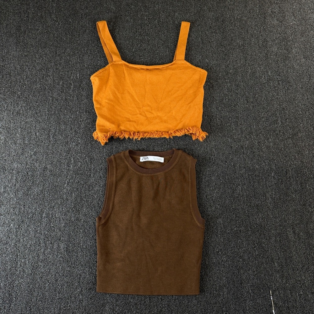 Zara Brown Knit Sleeveless Top & Le Lis Orange Fringed Camisole Bundle